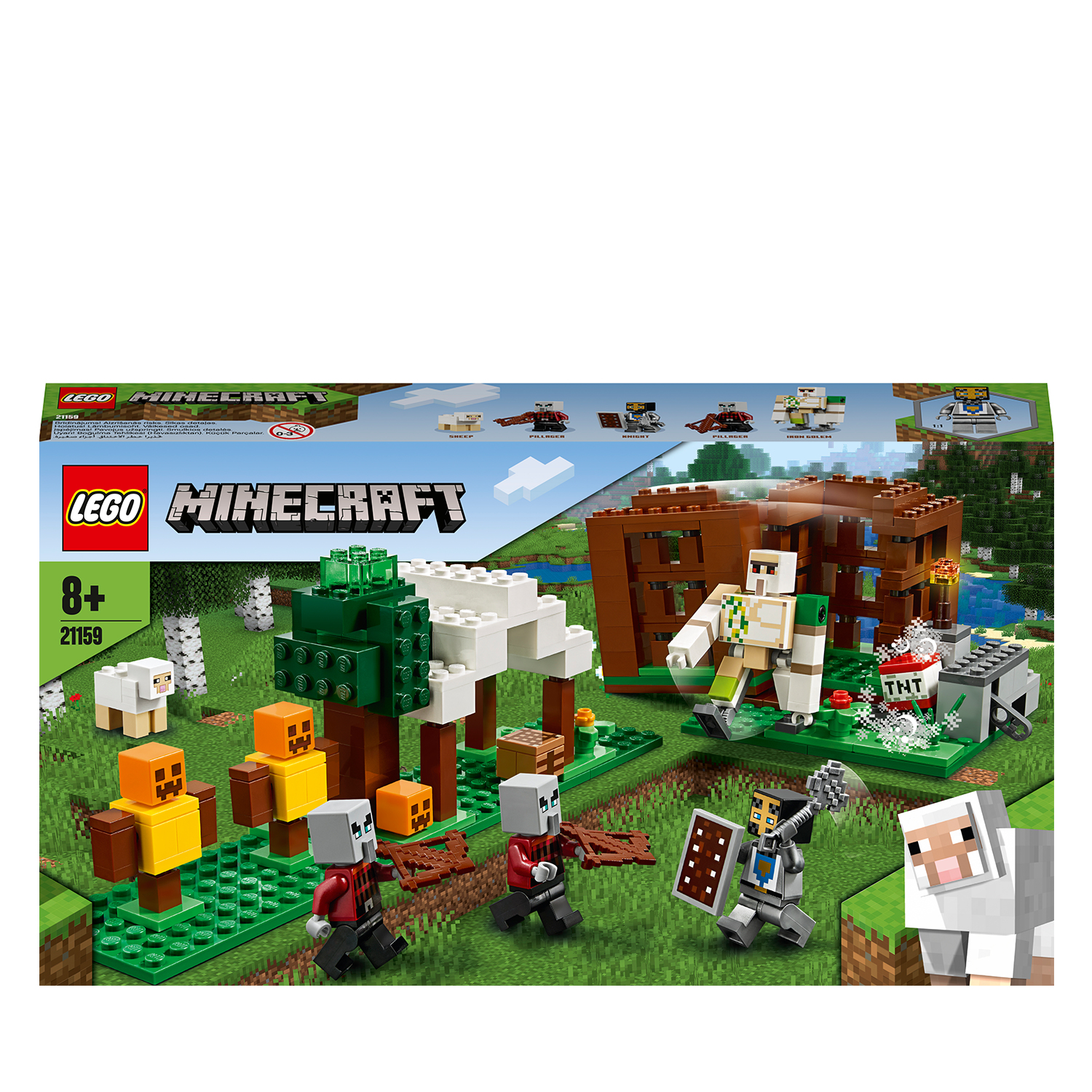 Zestaw Lego Minecraft przedstawiający scenę wioski z postaciami i strukturami.