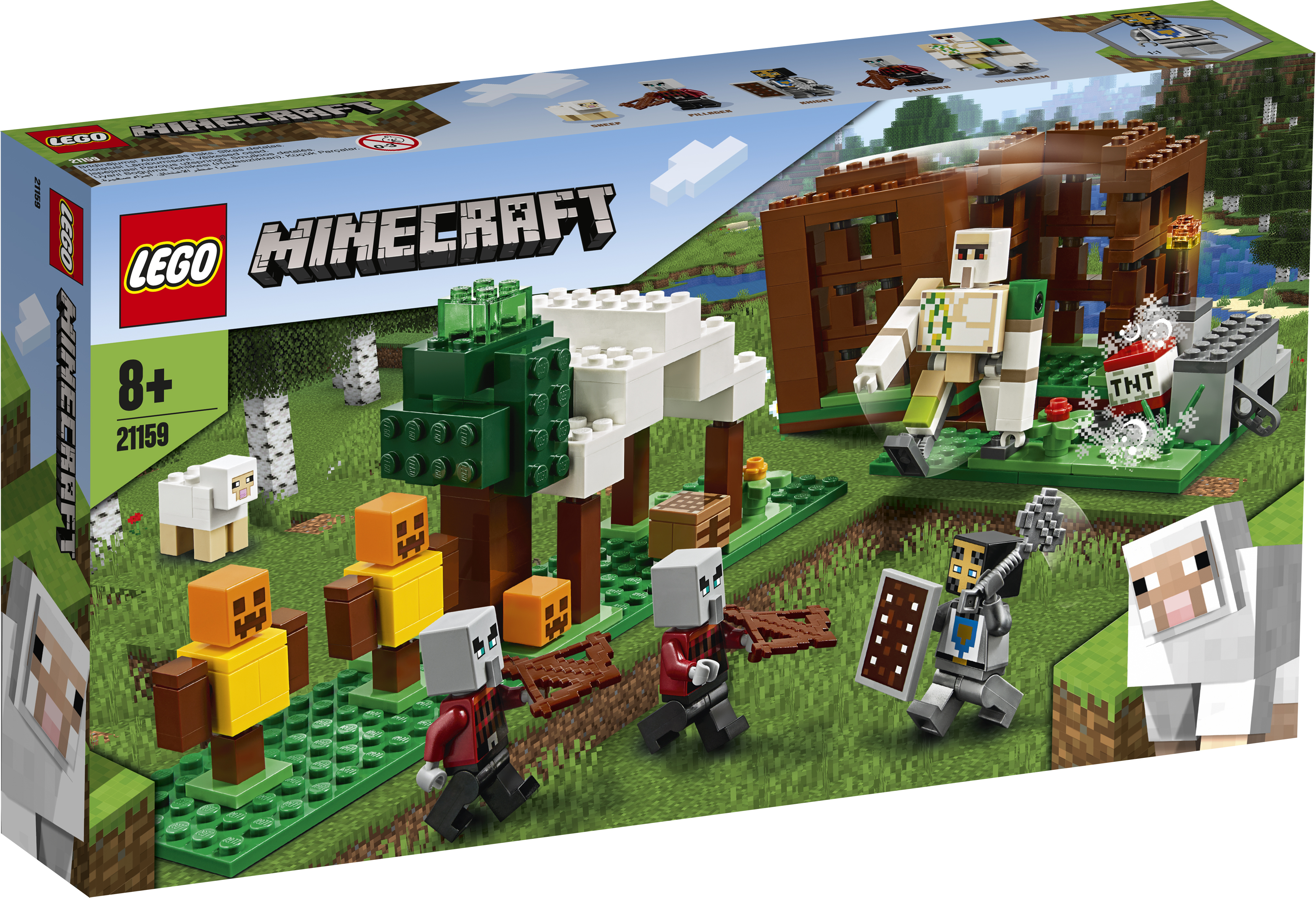 Zestaw Lego Minecraft z figurkami, owcami i budynkiem w zielonym krajobrazie.