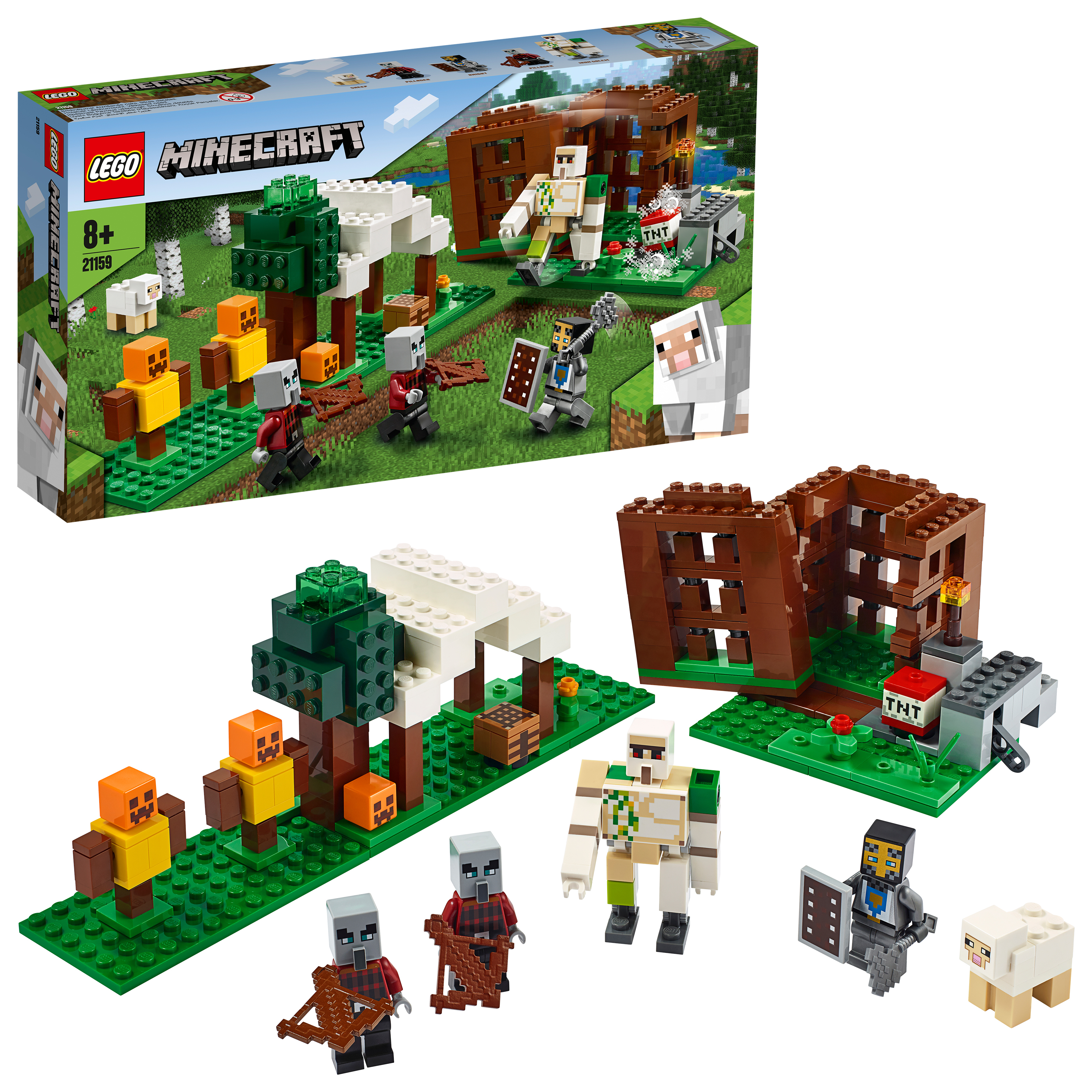 Pudełko zestawu Lego Minecraft: scena z gry Minecraft z figurkami i budynkiem z TNT.