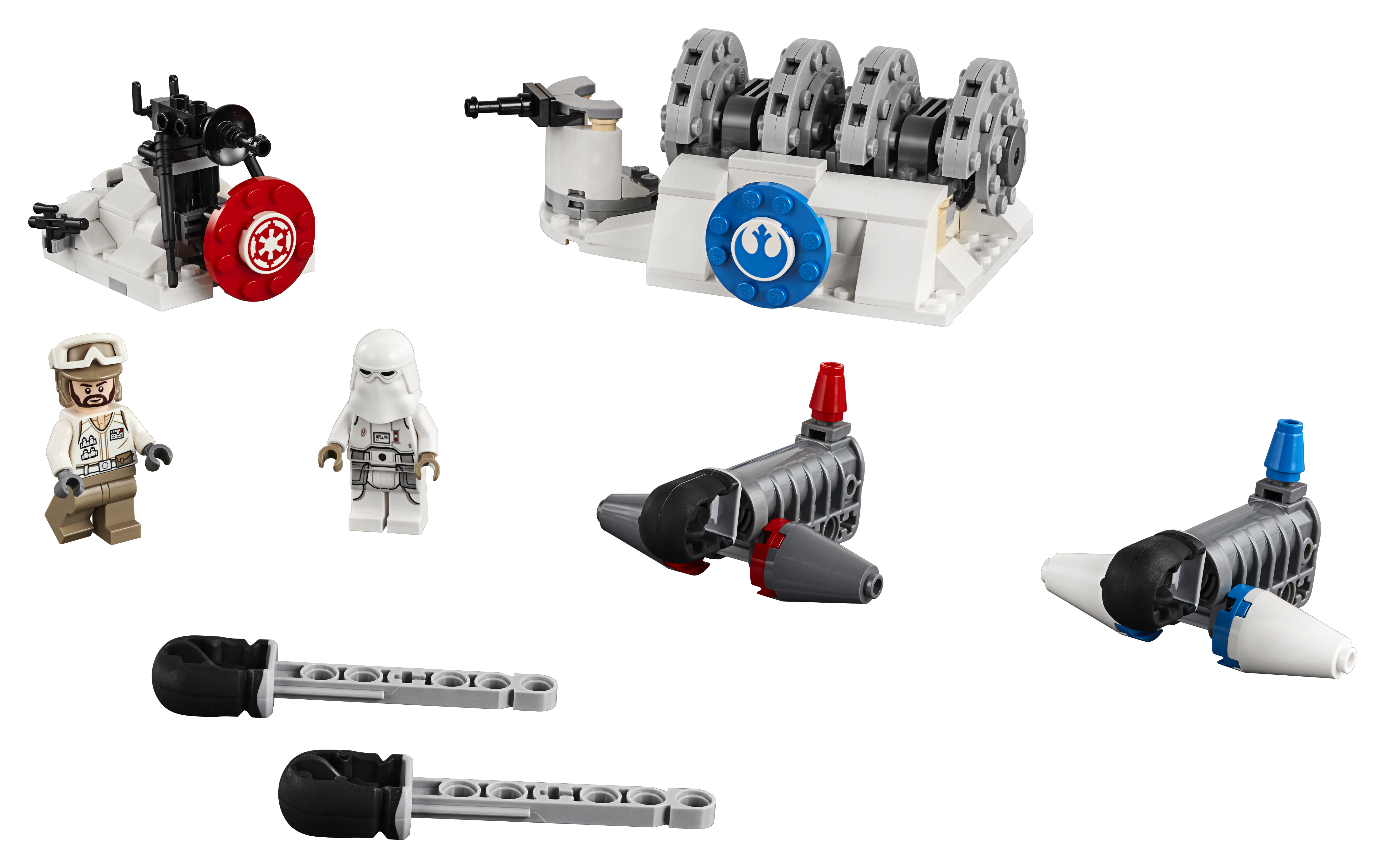 Zestaw Lego Star Wars z figurkami i pojazdami na białym tle.
