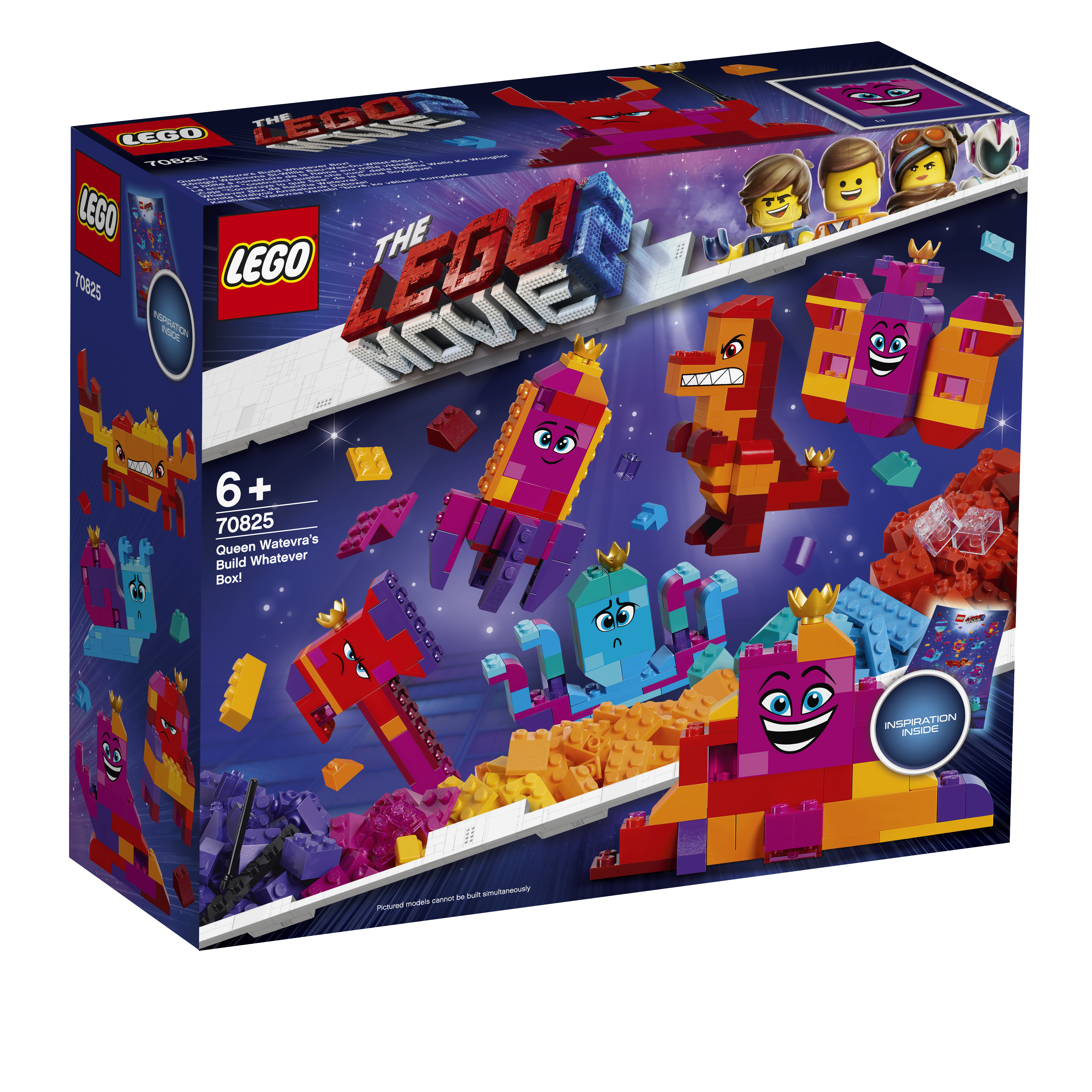 Set LEGO Movie 2 con varie figure colorate e creature mostruose, e una scatola.