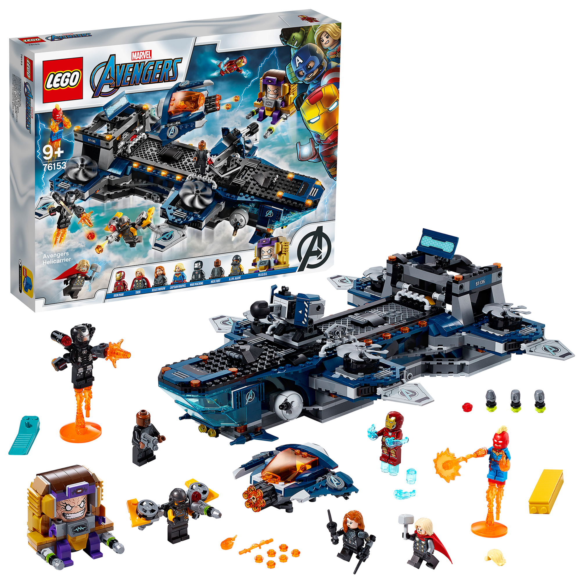 Set Lego Avengers con un grande aereo, Iron Man, Captain Marvel e altre figure.