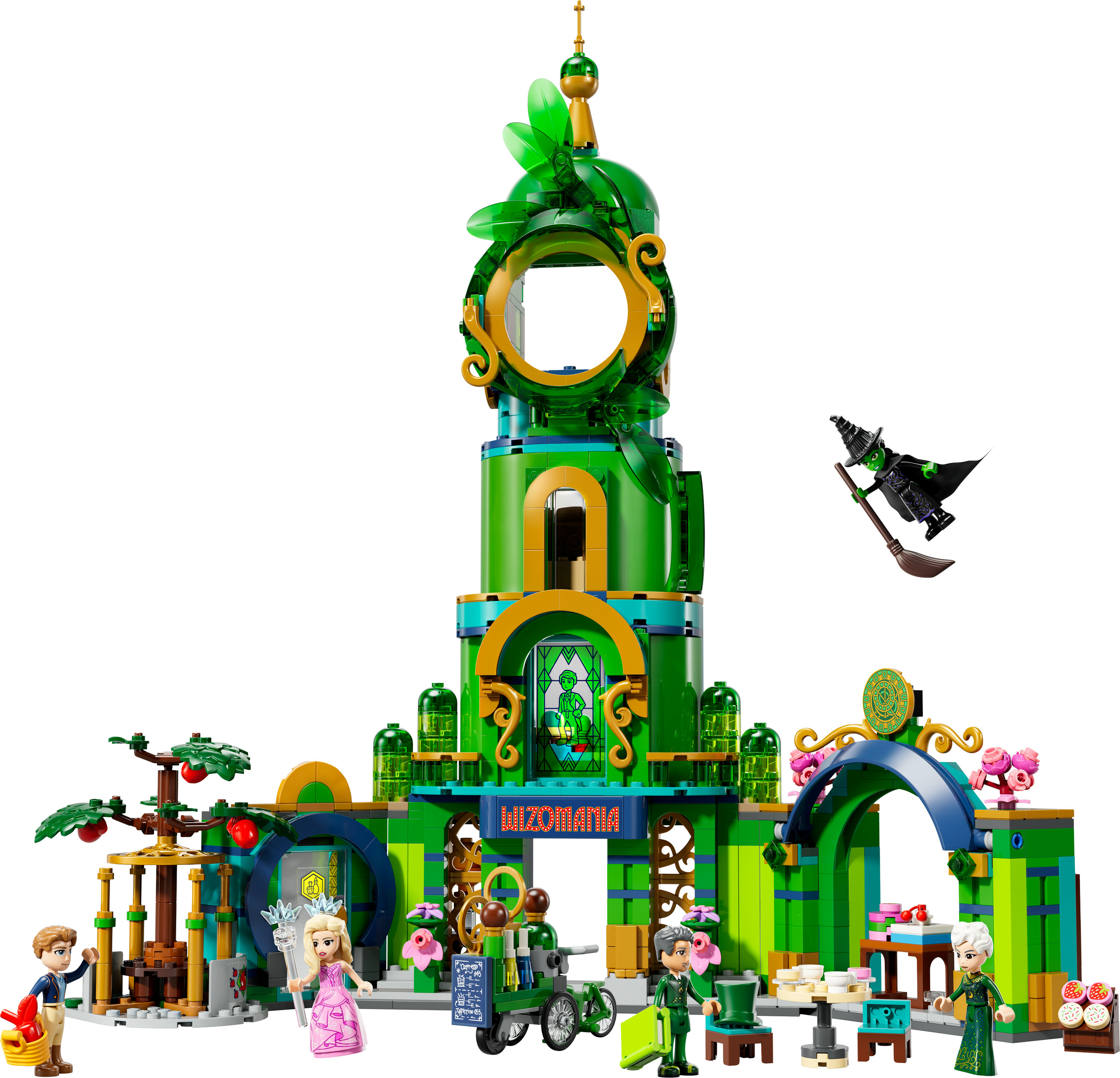 Set de Lego con temática del Mago de Oz. Cuenta con un edificio verde con figuras y una bruja.