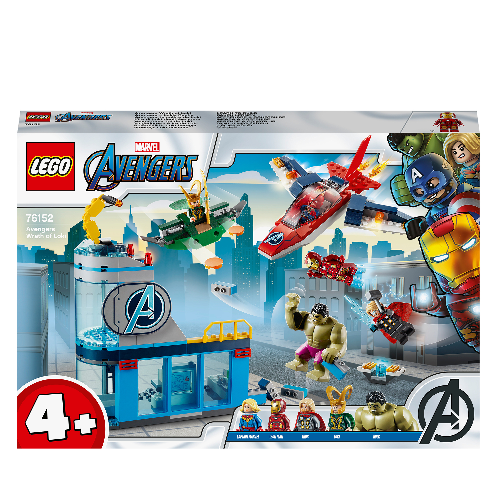 Zestaw Lego Avengers z budynkiem z dużym logo A, figurkami i odrzutowcem.