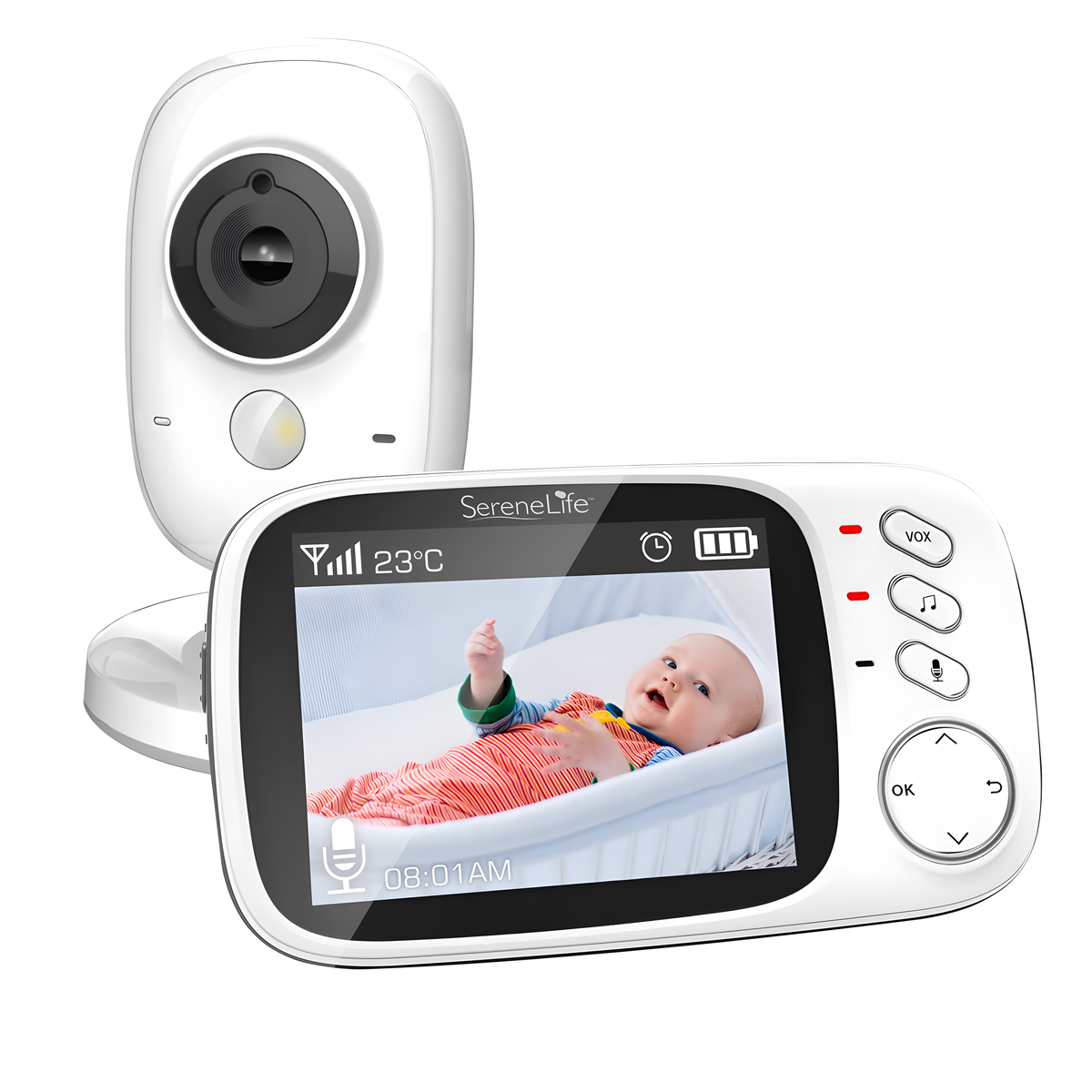 Ein Babyphone mit Kamera und einem Bildschirm, der ein Baby im Kinderbett zeigt. Der Monitor ist weiß.