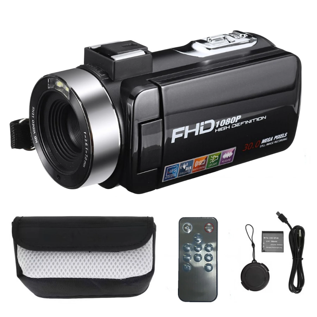 Eine schwarze FHD 1080P Kamera mit Zubehör. Enthält eine Tasche, Fernbedienung, Akku und Ladekabel.