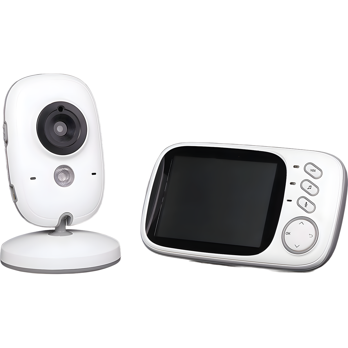 Ein weißes Babyphone-Set, mit einer Kamera links und einem Monitor rechts, auf weißem Hintergrund.