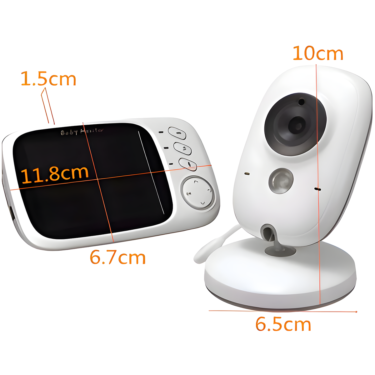 Babyphone mit Bildschirm und Kamera. Abmessungen sind 11,8x6,7 und 10x6,5 cm.
