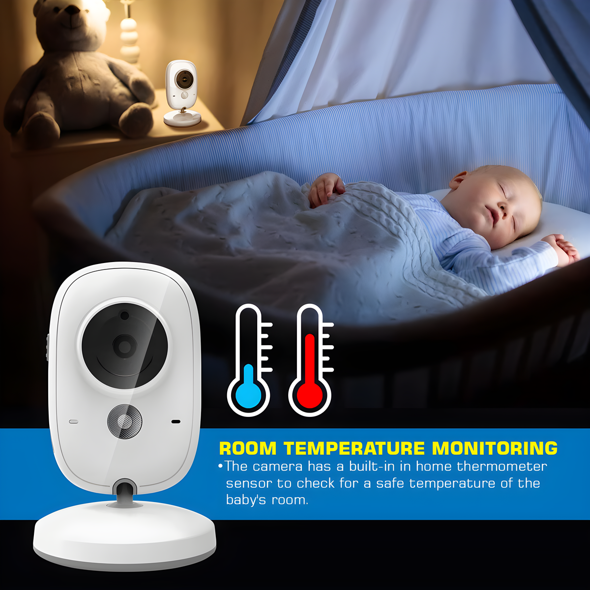 Baby schläft in einem Kinderbett. Ein Monitor und ein Thermometer sind oben.