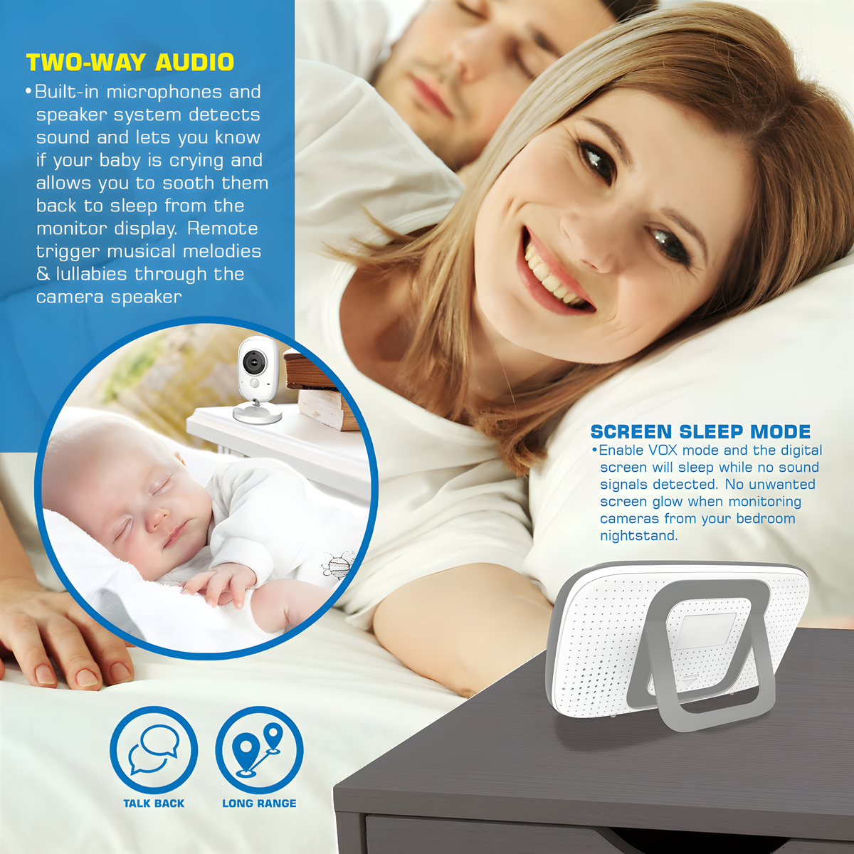 Eine lächelnde Frau ist mit einem Baby in einer Krippe und ein Babyphone auf einem Tisch.