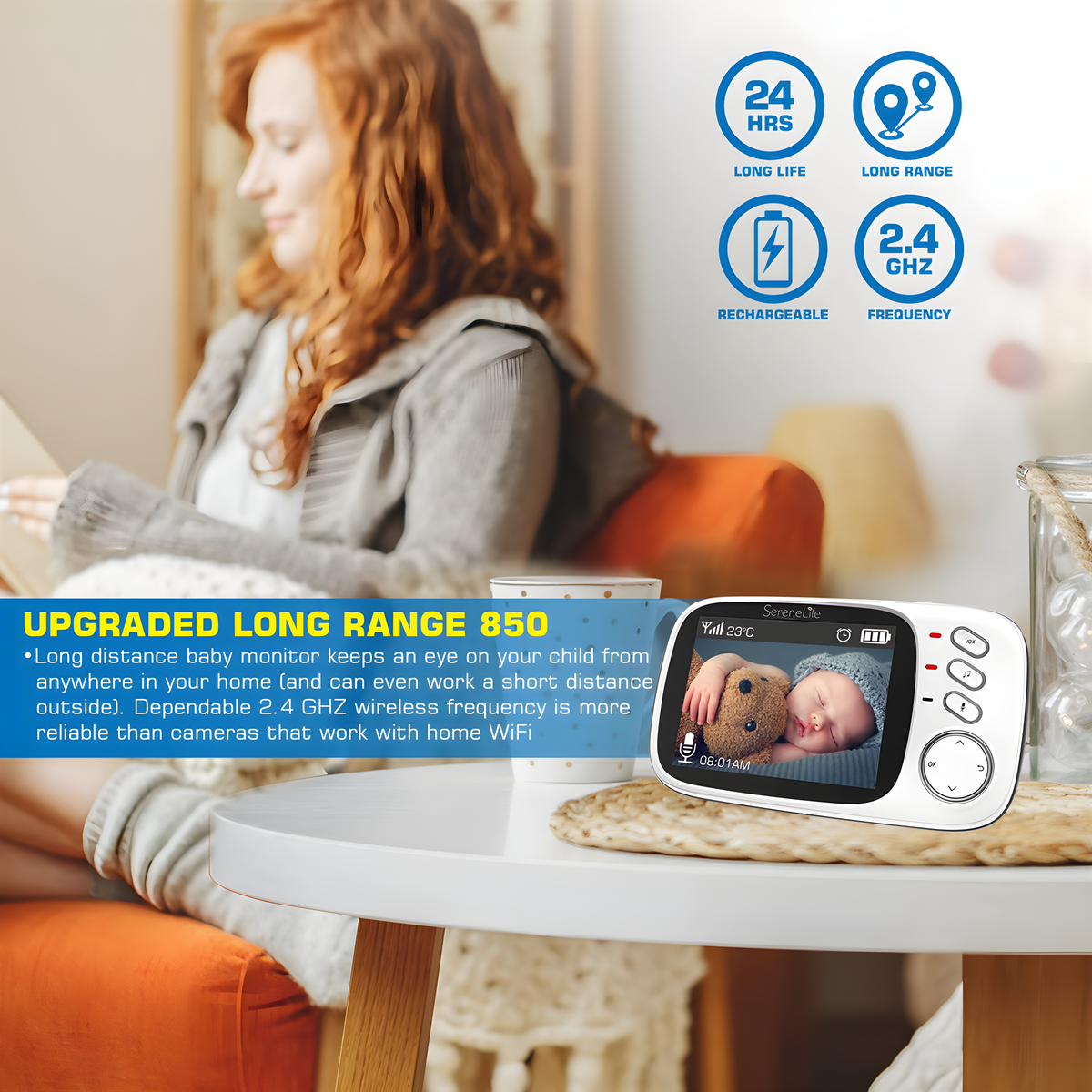 Babyphone-Bildschirm zeigt schlafendes Baby, Informationen werden angezeigt.