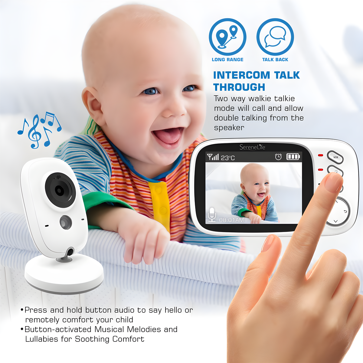 Ein Babyphone mit Baby und Hand, die den Bildschirm berührt, mit Text zur Gegensprechfunktion.