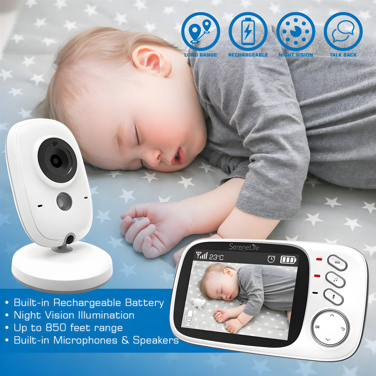 Babyphone mit schlafendem Baby. Monitor zeigt Baby auf dem Bildschirm. Text: Serenelife.