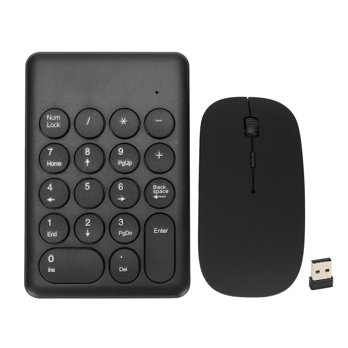 Ein schwarzer Ziffernblock und eine schwarze kabellose Maus mit USB-Empfänger.