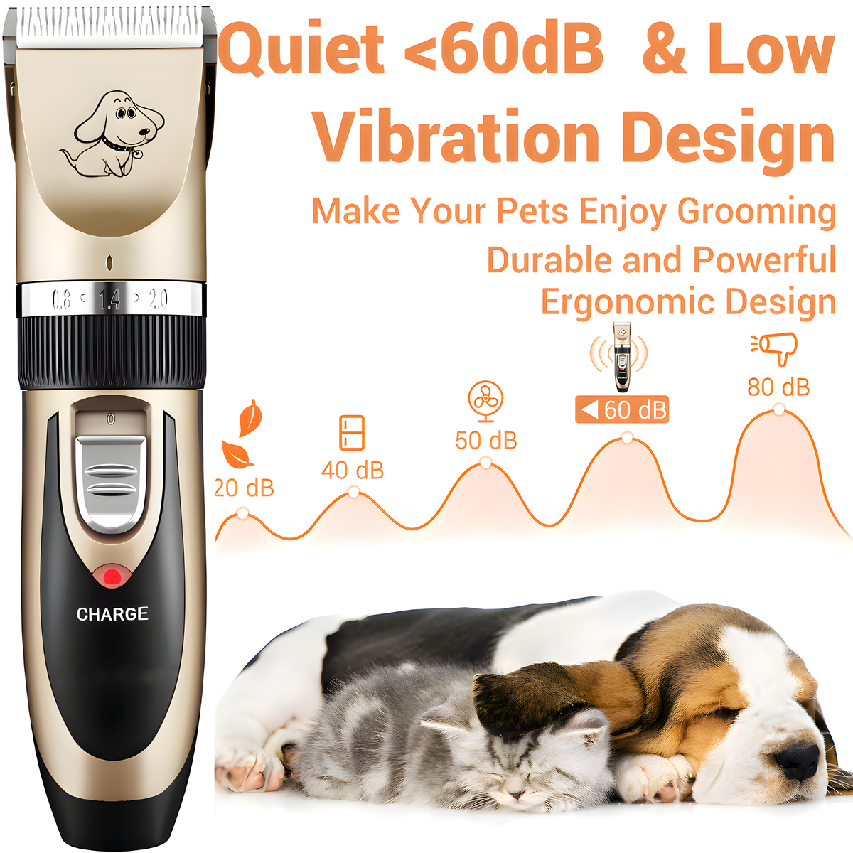 Tierhaarschneider mit Hundeillustration und Text über leise und vibrationsarm.