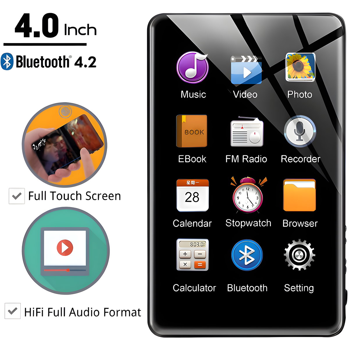 Schwarzer Multimedia-Player mit Touchscreen. Weißer Hintergrund. Musik, Video und andere Optionen.