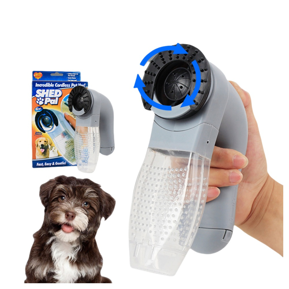 Hunde-Pflegewerkzeug mit Hund und Produktbox. Das Werkzeug hat einen rotierenden Kopf, der Hund braunes und weißes Fell.