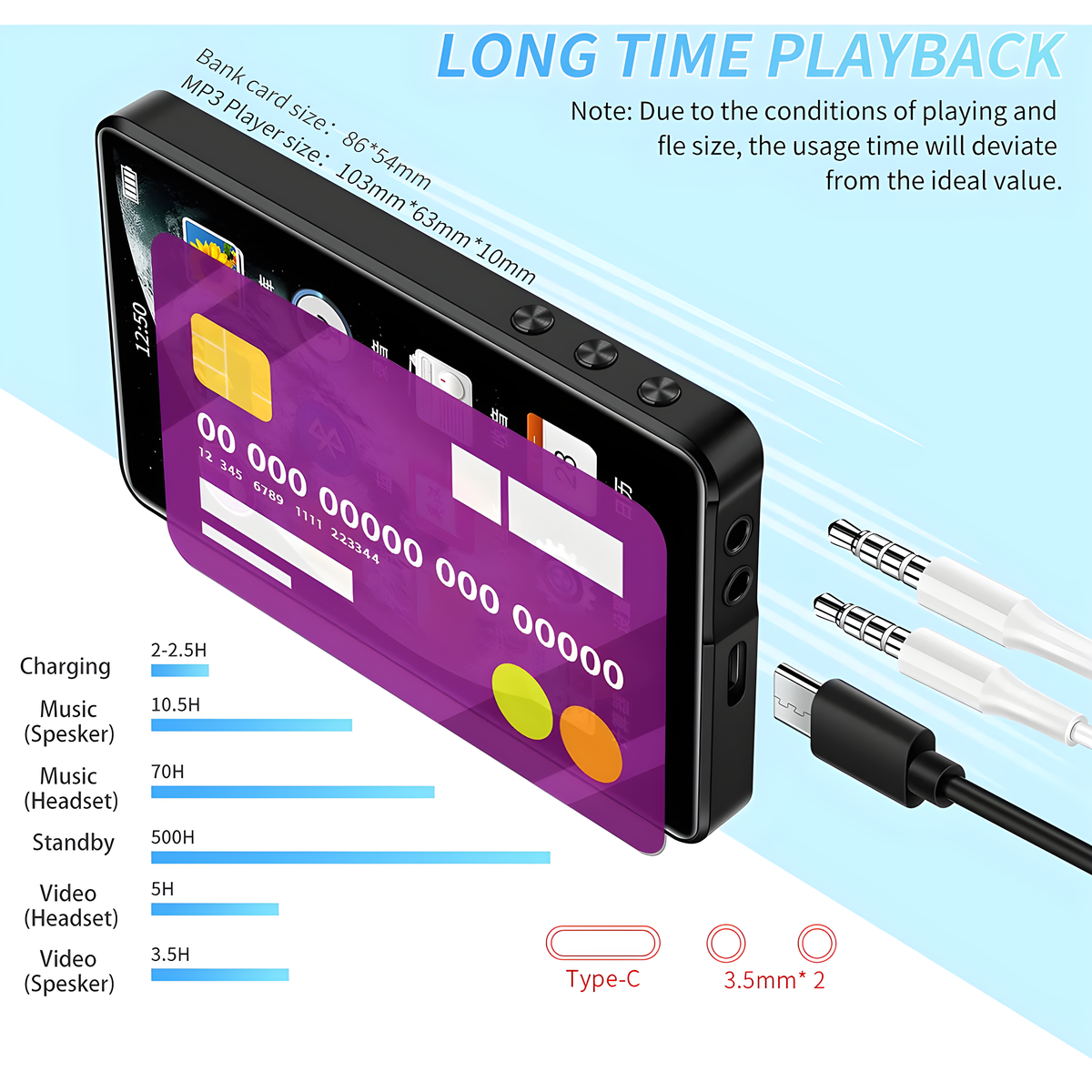 Schwarzer MP3-Player mit lila Karte, Ladeinformationen und weißen Ohrhörern.