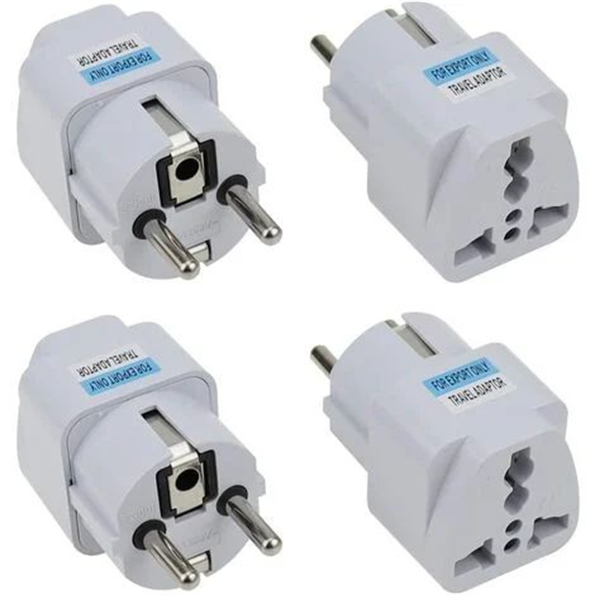 Vier weiße Reiseadapter für EU-Stecker. Nur für den Export, auf jedem markiert.