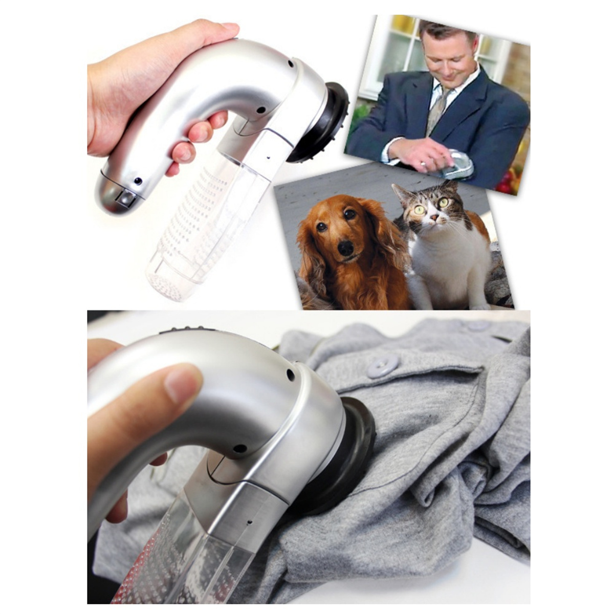 Ein Fusselentferner. Zeigt das Gerät, eine Person, die es benutzt, sowie Hund und Katze. Außerdem wird es auf Kleidung verwendet.
