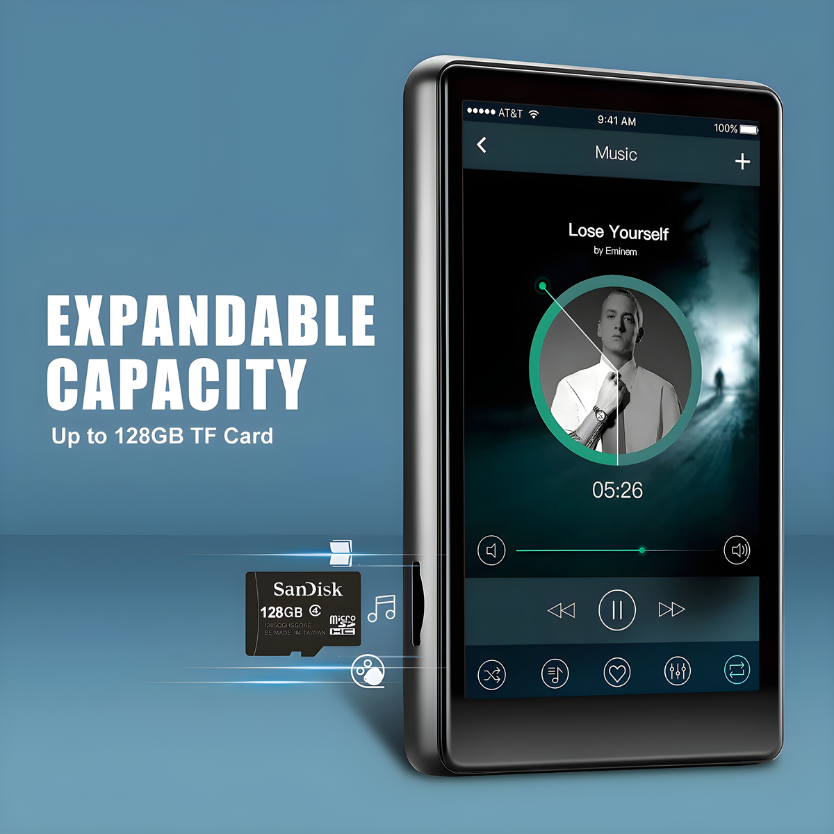 Digitaler Audioplayer, Musikoberfläche, erweiterbarer Speicher bis 128 GB mit TF-Karte.