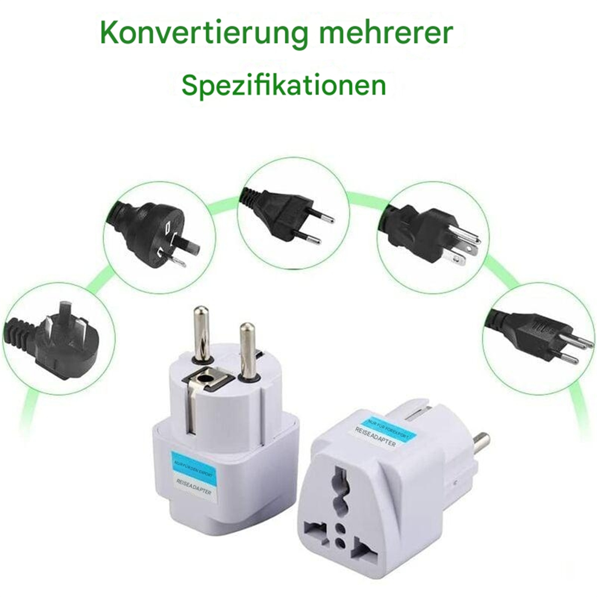 Reiseadapter wandelt mehrere Spezifikationen um. Verschiedene Adaptertypen im Foto.