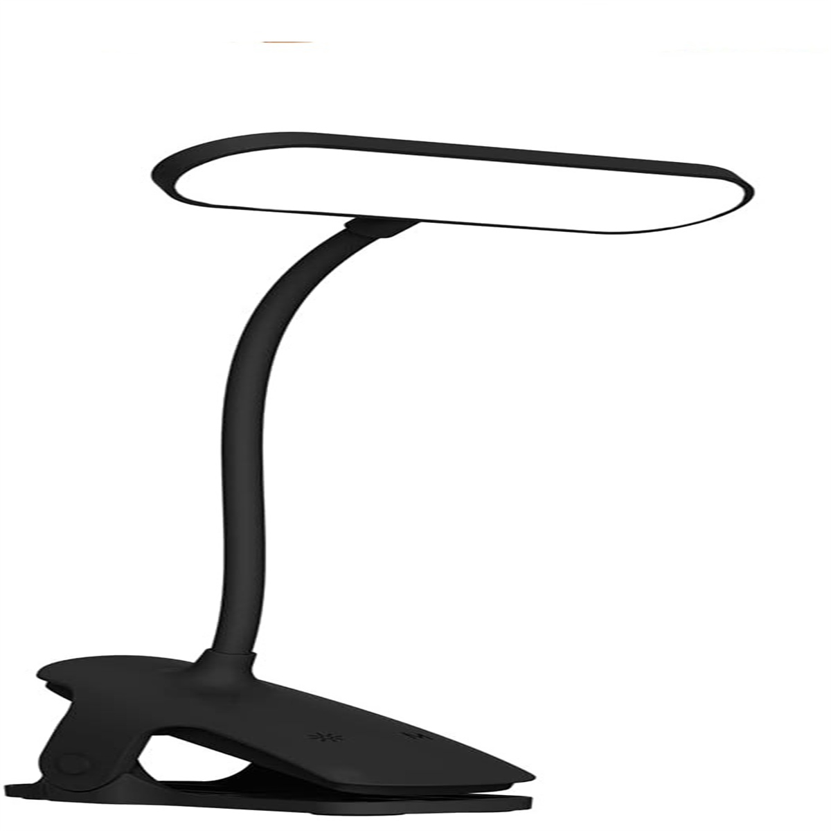 Schwarze, verstellbare Schreibtischlampe mit gebogenem Hals und Clip-On-Basis.
