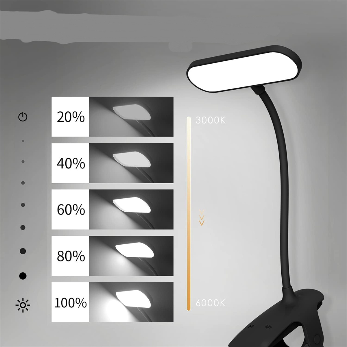 Eine schwarz-weiße Lampe mit Helligkeitseinstellungen von 20% bis 100% und Farbtemperatur.