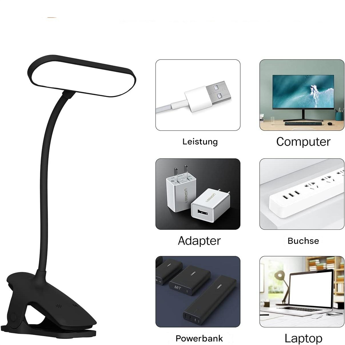 Bilder einer Schreibtischlampe, eines USB-Kabels, eines Computers, eines Adapters, einer Steckdosenleiste, einer Powerbank und eines Laptops.