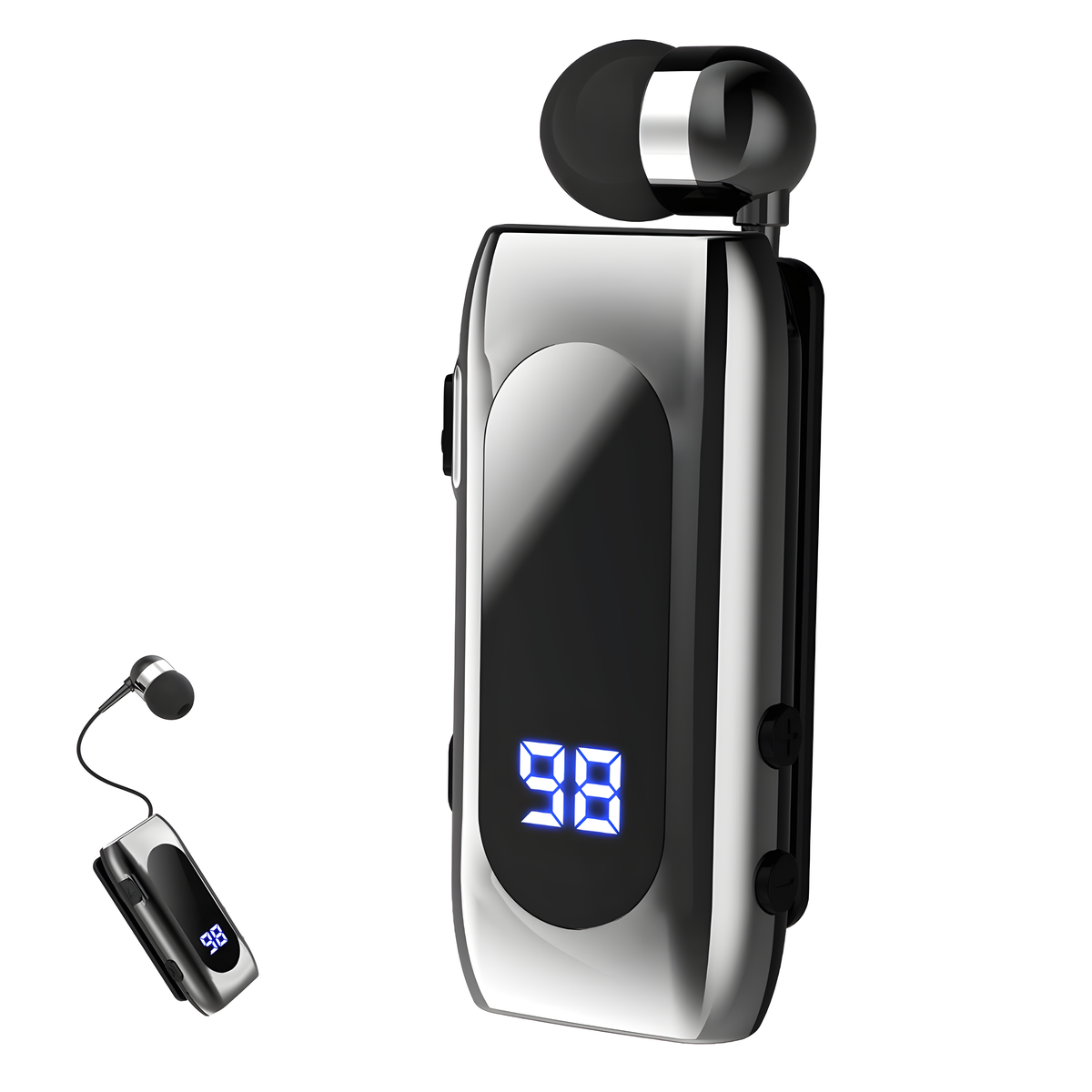 Silberner und schwarzer digitaler Musikplayer mit Kopfhörern. Der Bildschirm zeigt '98'.