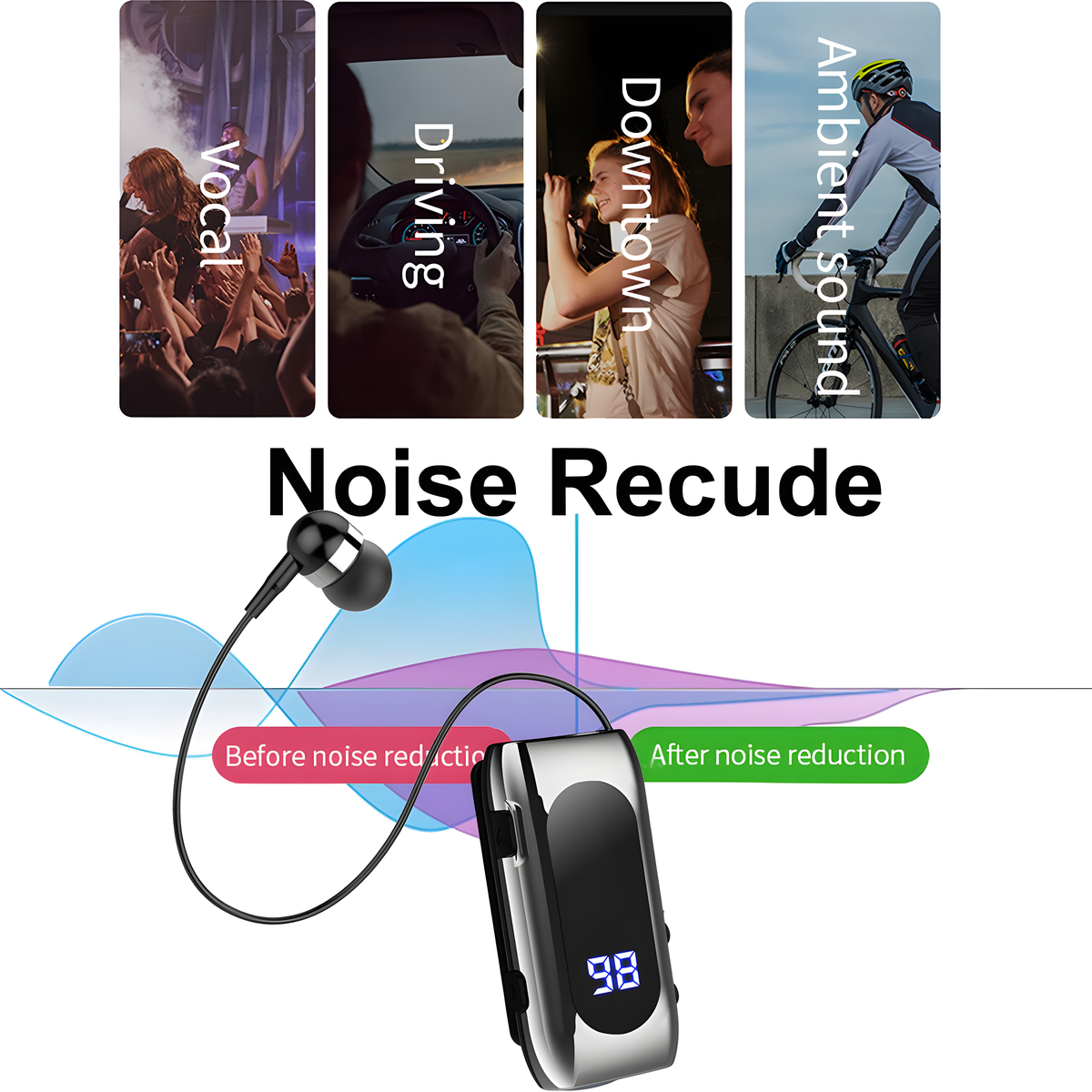 Ohrhörer mit Noise-Reduction-Funktion und zugehörigen Symbolen.