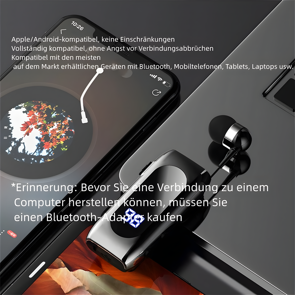 Ein Smartphone mit deutschem Text und ein angeschlossenes Ohrhörer-Set.