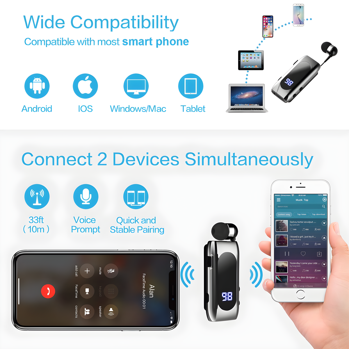 Diagramm, das ein Headset zeigt, das mit einem Smartphone verbunden ist. Symbole für Kompatibilität und Funktionen sind vorhanden.