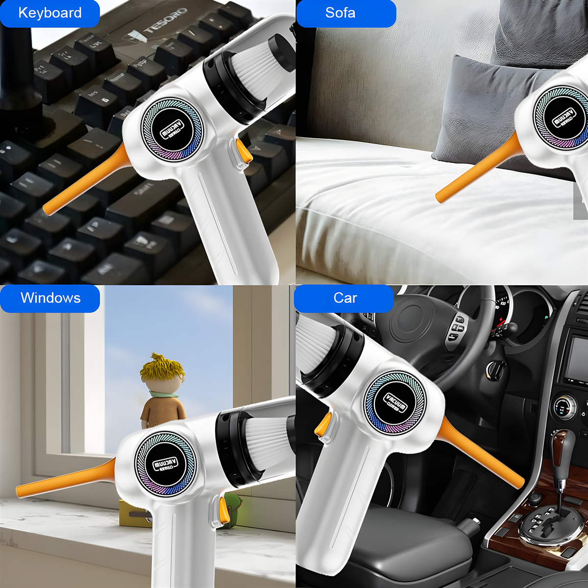 Vier Bilder. Ein Handstaubsauger reinigt eine Tastatur, ein Sofa, Fenster und einen Auto Innenraum.
