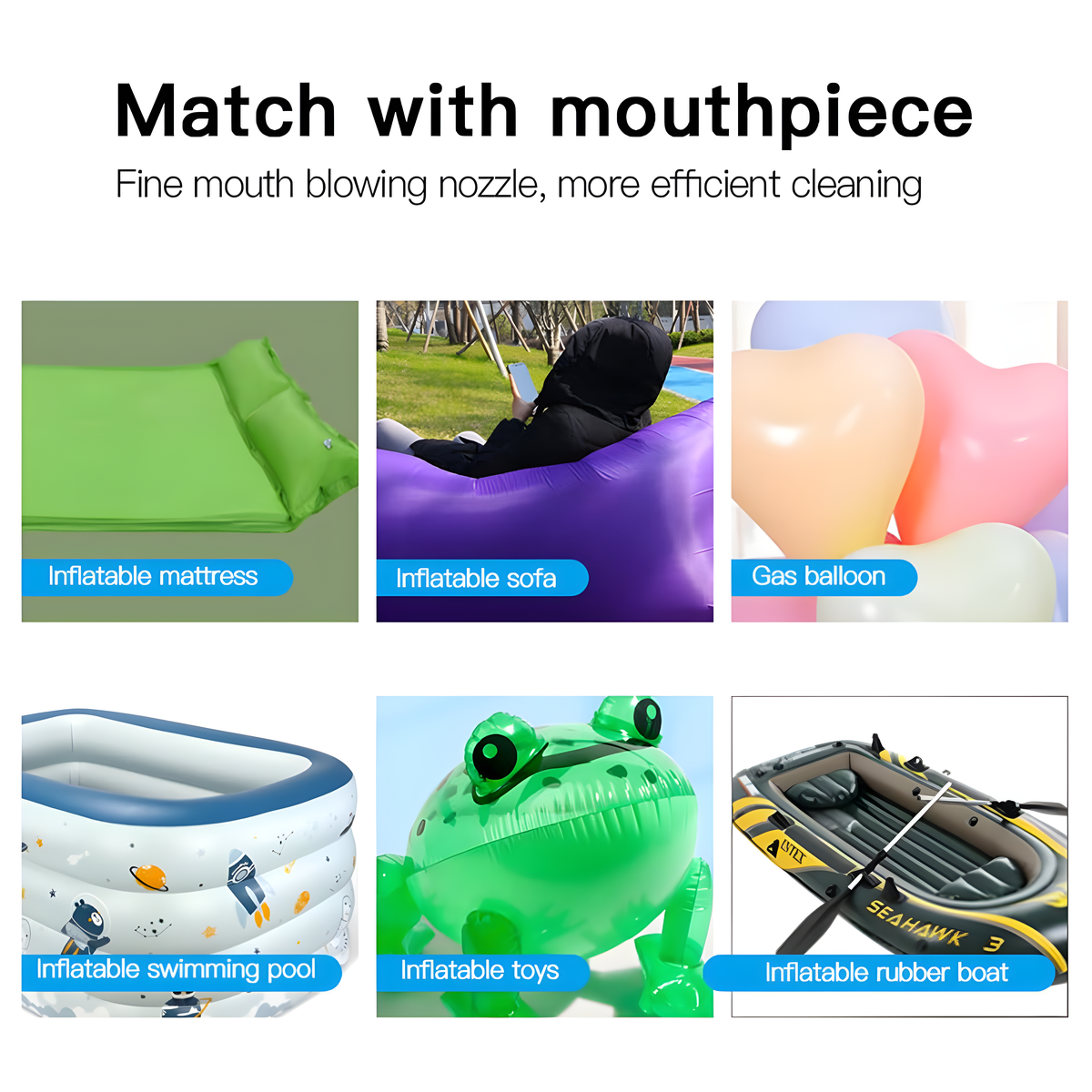Aufblasbare Artikel: Matratze, Sofa, Ballons, Pool, Froschspielzeug und Boot.