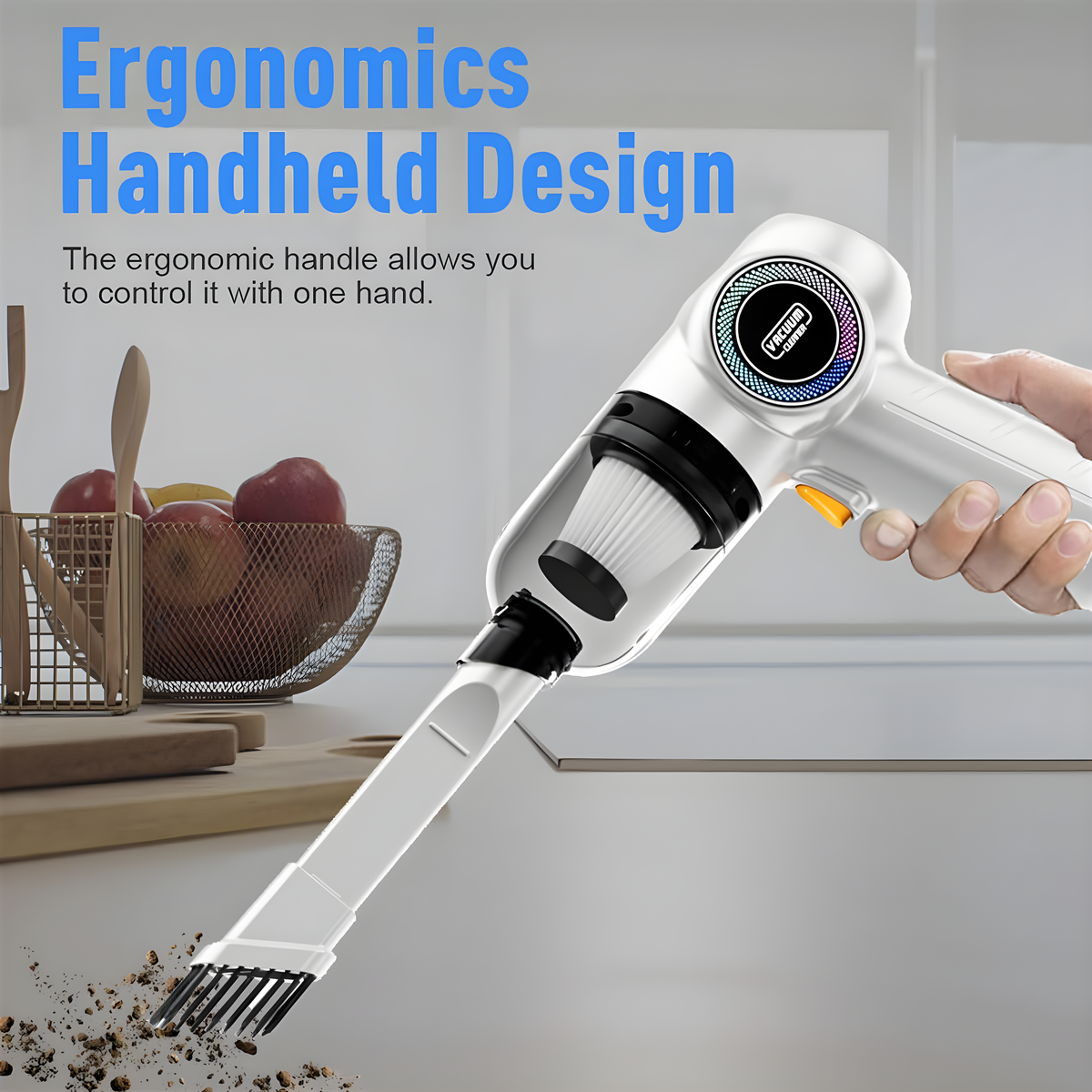 Ein weißer Handstaubsauger mit ergonomischem Design wird gezeigt. Der Text auf dem Bild lautet 'Ergonomics Handheld Design'.