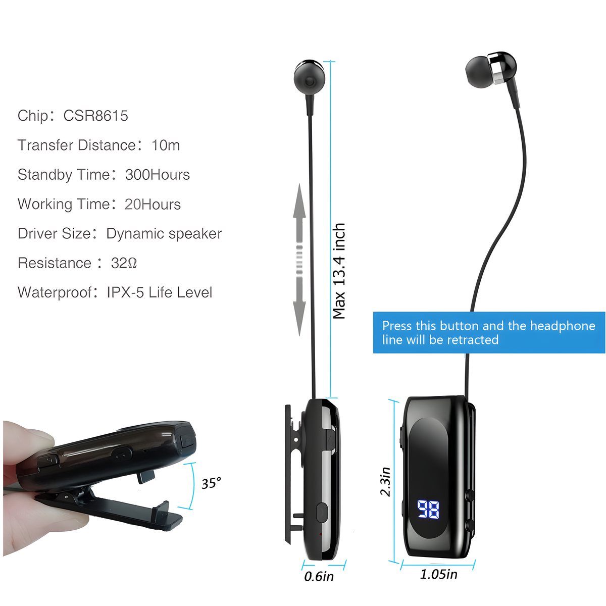Ohrhörer mit Clip, Produktdetails und eingezogener Kopfhörerleitung. Schwarz-Weiß-Farbschema.