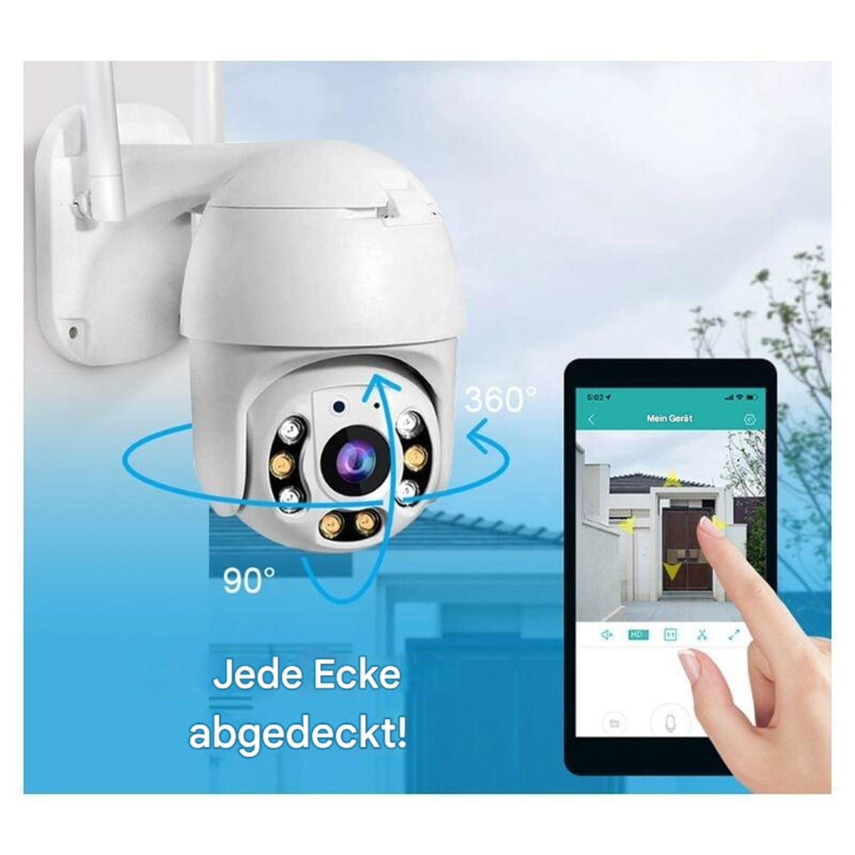 Eine weiße Überwachungskamera, die ein Haus zeigt, und eine Person, die den Bildschirm berührt.