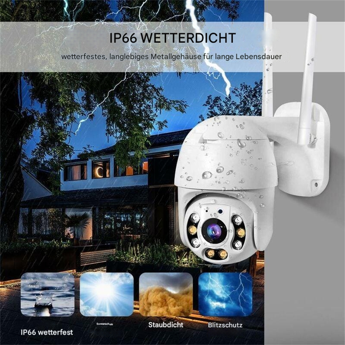 Weiße Überwachungskamera mit Doppelantennen, Regentropfen und Illustrationen zum Wetterschutz.