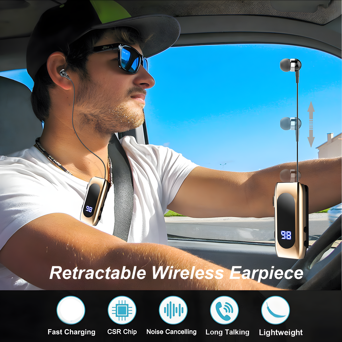 Ein Mann mit Sonnenbrille und Headset im Auto. Text: „Einziehbarer kabelloser Ohrhörer“.