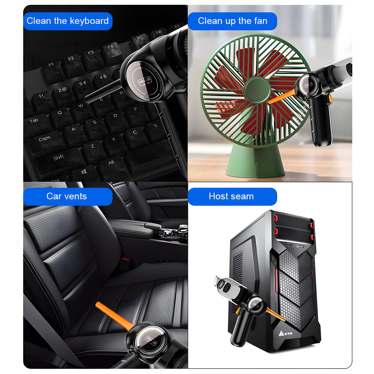 Vier Bilder zeigen einen Staubsauger, der eine Tastatur, einen Ventilator, Autositze und einen Computer reinigt.