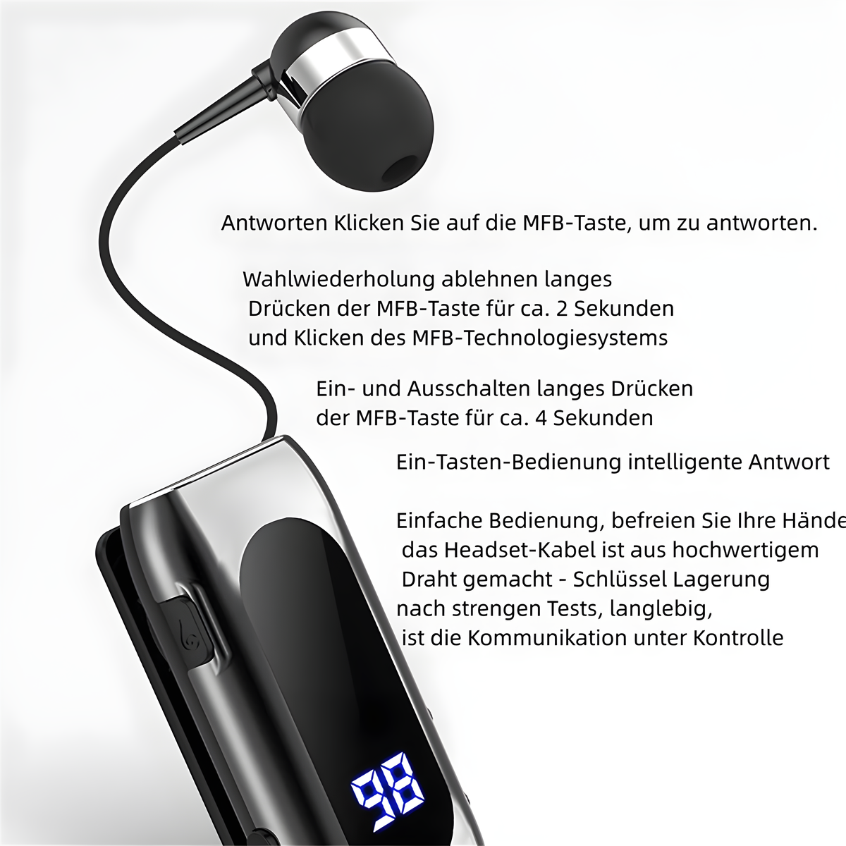 Ohrhörer mit Clip. Text beschreibt Funktionen: Annehmen, Ablehnen, Ein/Aus, Ein-Knopf-Steuerung.