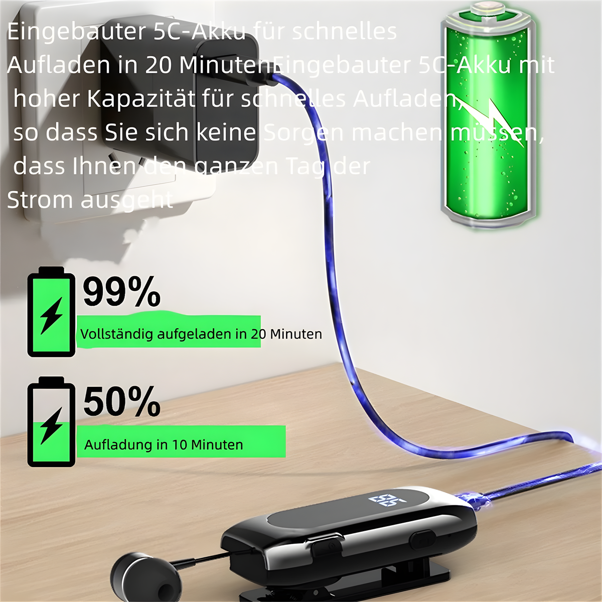 Ein schwarzes Ladegerät mit Kabel an einer Steckdose, zeigt den Batterieladestand.