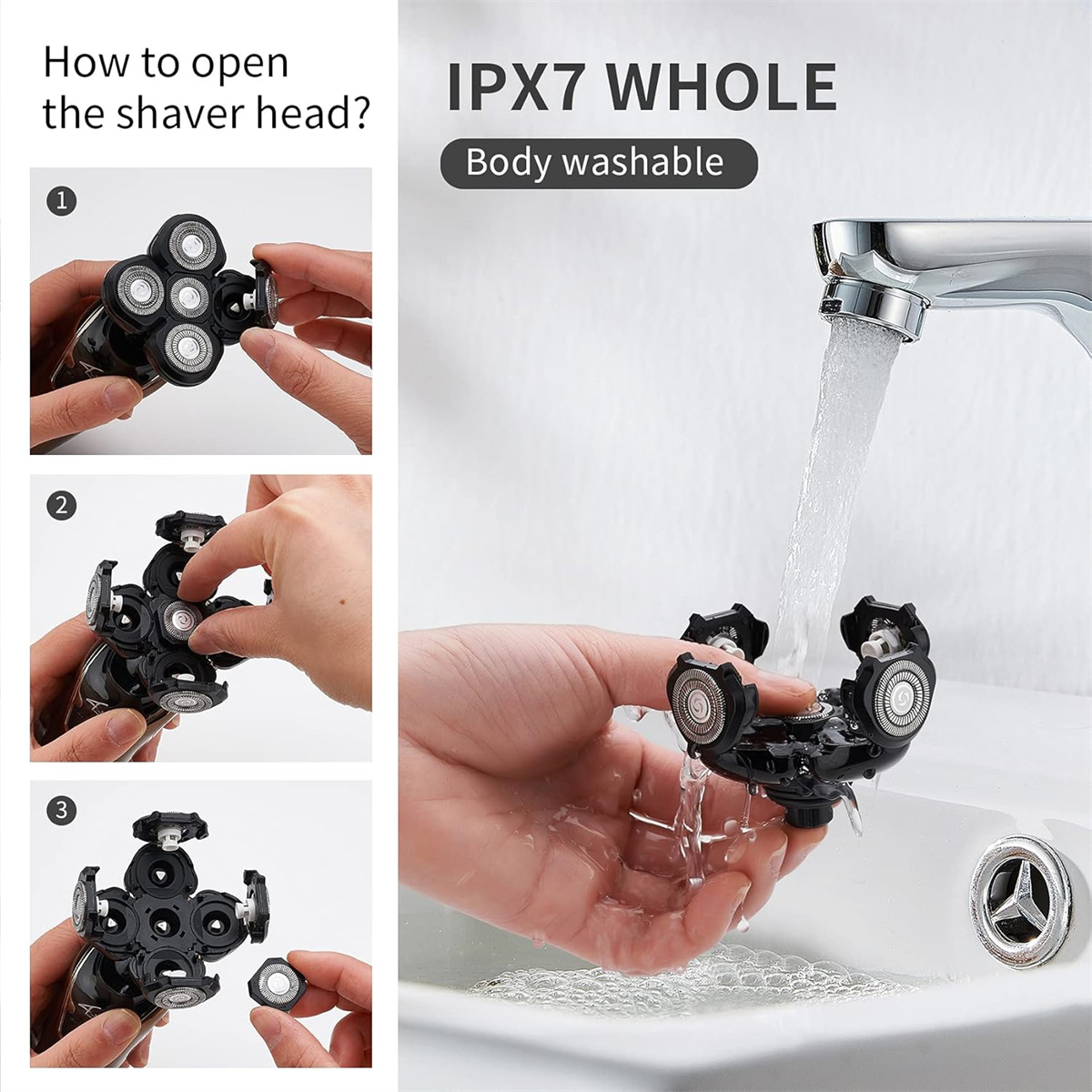 Schritte zum Öffnen eines Rasiererkopfes. Eine Hand hält den Rasiererkopf unter fließendem Wasser.