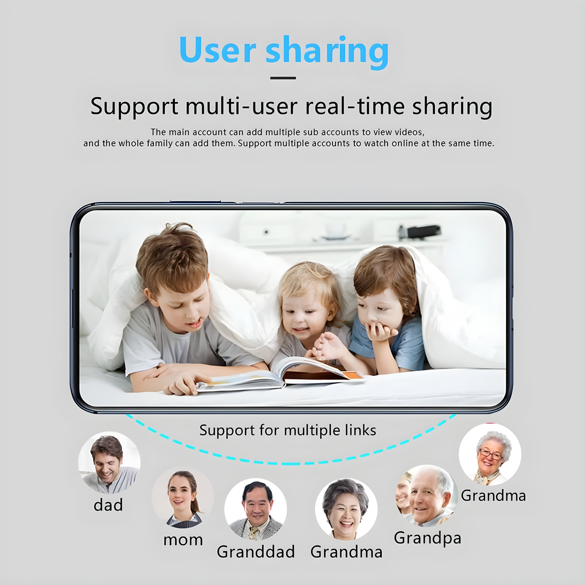 Illustration eines Mobiltelefons, das lesende Kinder zeigt, mit Familienfotos darunter und Text darüber.