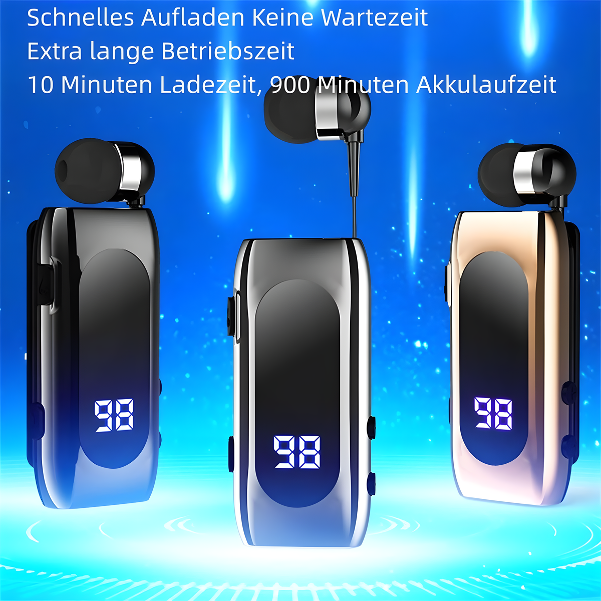 Drei schwarze und goldene kabellose Ohrhörer mit Text über Laden und Akkulaufzeit.