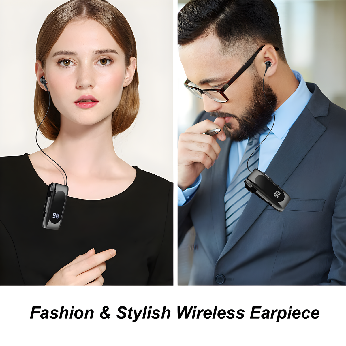 Zwei Personen tragen kabellose Ohrhörer. Text: Fashion & Stylish Wireless Earpiece.