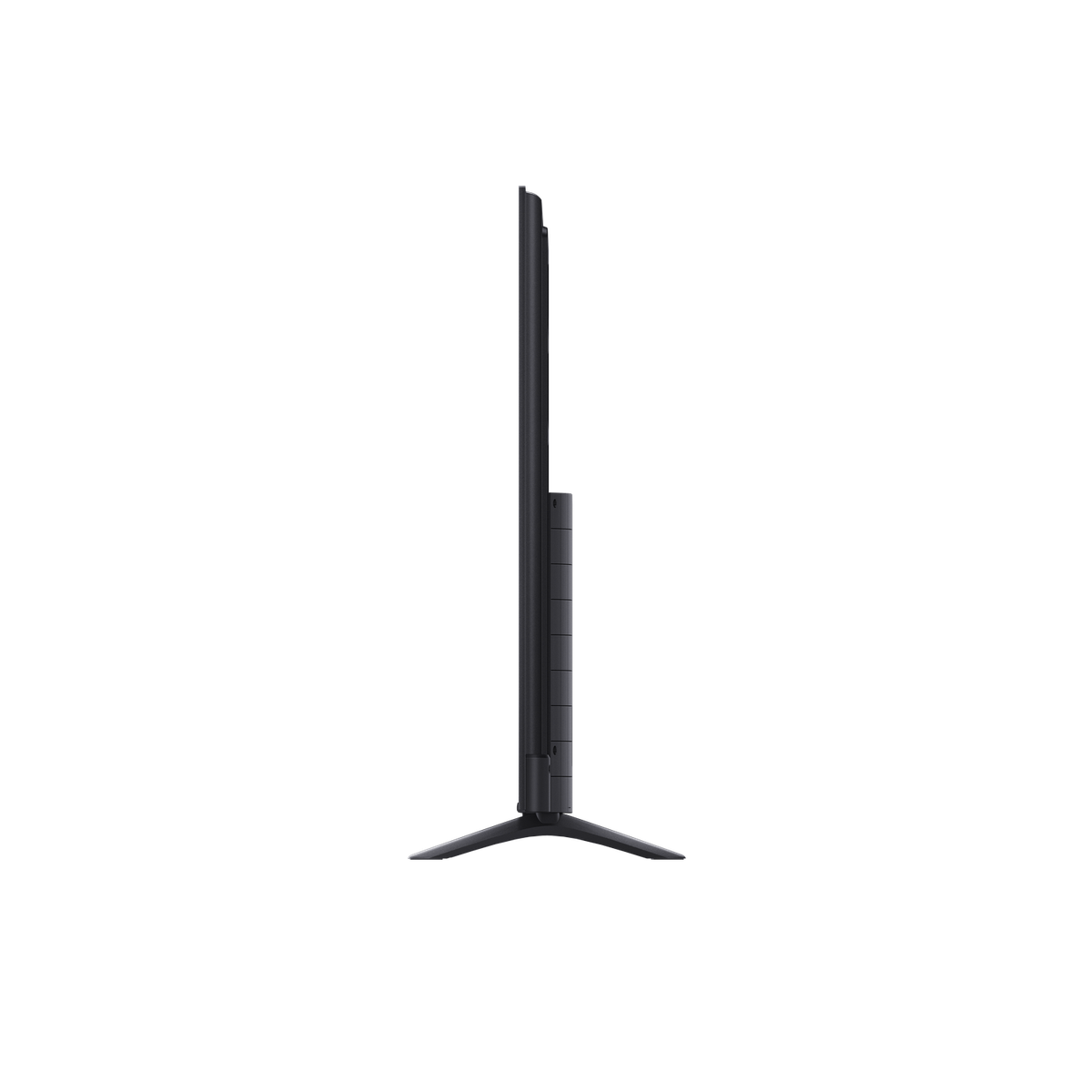 Czarny telewizor stojący pionowo, widok z profilu, na ciemnym tle.