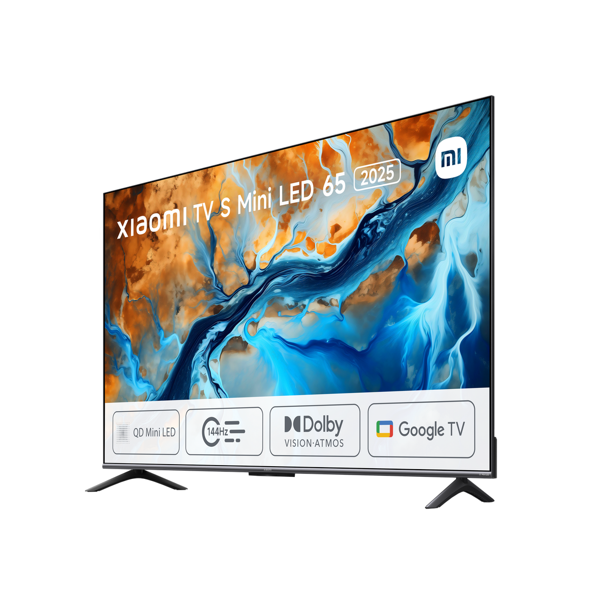 Telewizor Xiaomi, czarna ramka, ekran wyświetla kolorową sztukę abstrakcyjną. Loga: QD Mini LED, Dolby, Google TV.