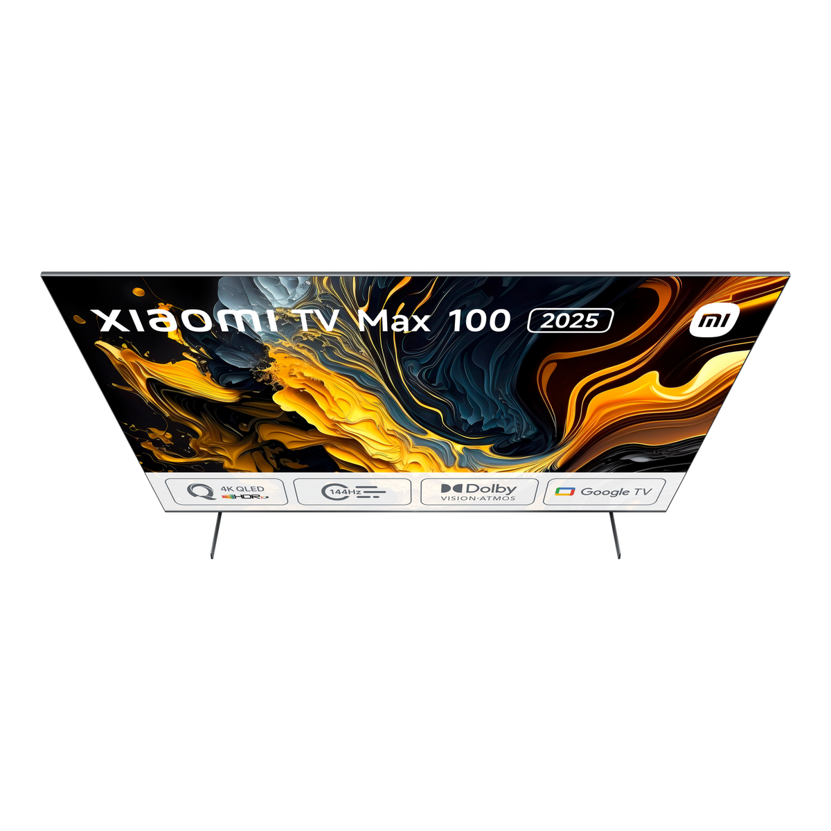 Duży telewizor Xiaomi TV Max 100 z ekranem wyświetlającym kolorowy, abstrakcyjny obraz.